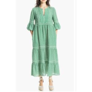 Max Studio Crepe Ruffled Neck Tiered Maxi Dress‎ Green Size Large